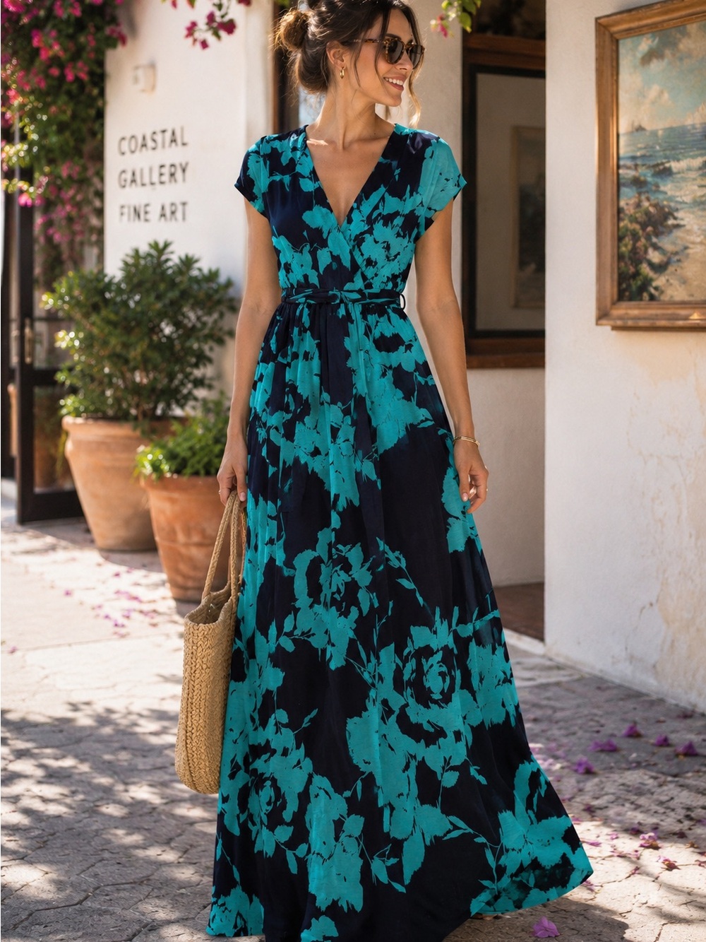 PinkBlush Floral Wrap Maxi Dress | Navy & Turquoise Tie Waist | Made in USA | M